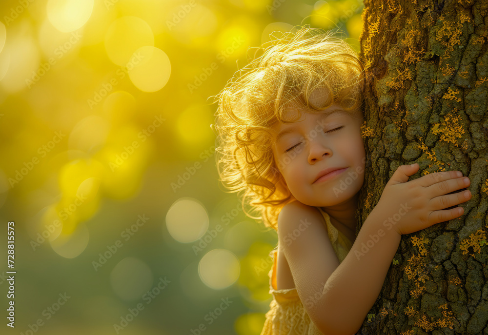 Joyful Child with Golden Curls Embracing Tree in Sunlit Forest - Room for Copy Joyful Child with Golden Curls Embracing Tree in Sunlit Forest - Room for Copy
