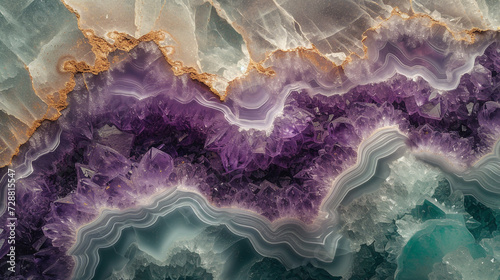 Layers of amethyst and jade swirling together on a marble slab, resembling an abstract interpretation of a serene underwater landscape. 