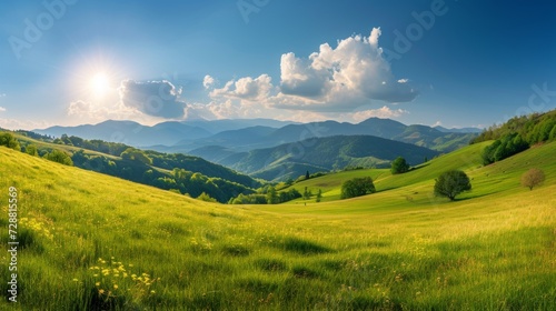 panorama of beautiful countryside of romania. sunny afternoon. wonderful springtime landscape in mountains. grassy field and rolling hills. rural scenery 