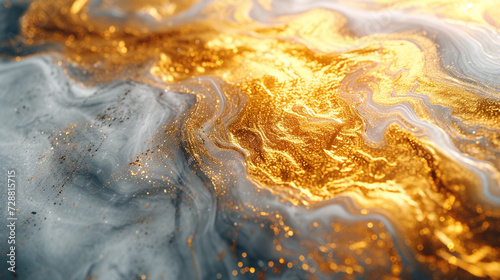 Layers of liquid gold and molten silver intermingling on a marble canvas, creating a hypnotic fusion of metallic abstraction. 