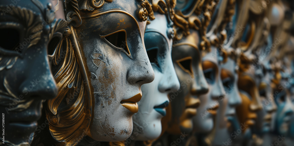 ornate venetian masks in a row 