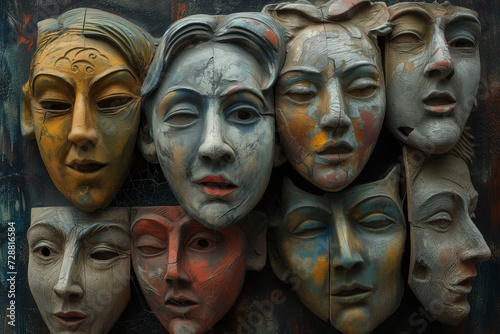 colorful vintage masks hanging on a wall © StockUp