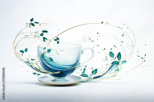 A cup of tea with leaves bursting out in a whirlwind and liquid around it.