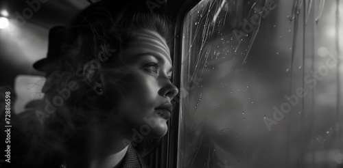 a 1940s woman looks out the window of a smoke filled cab in the city photo