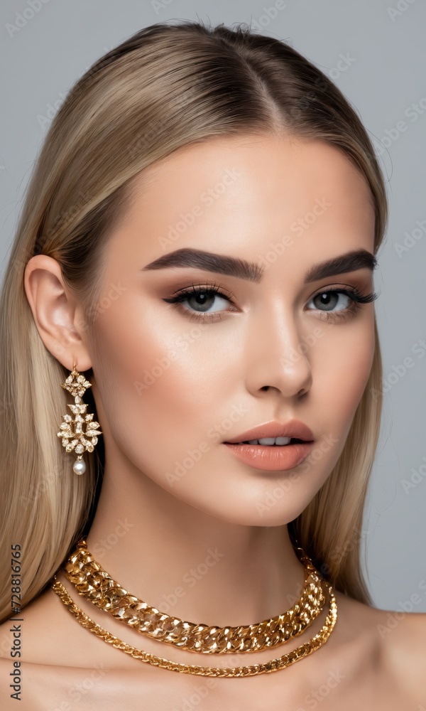 cropped view of young woman with shiny makeup in golden necklaces