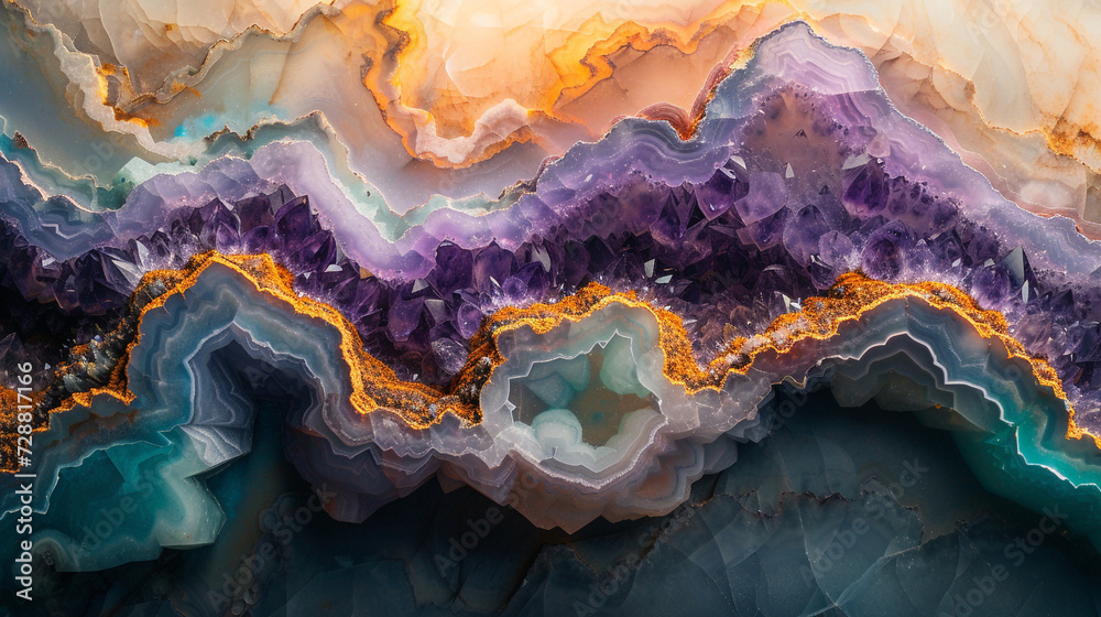 Translucent layers of opal, jade, and amethyst blending together on a marble slab, creating an ethereal and otherworldly abstract scene. 