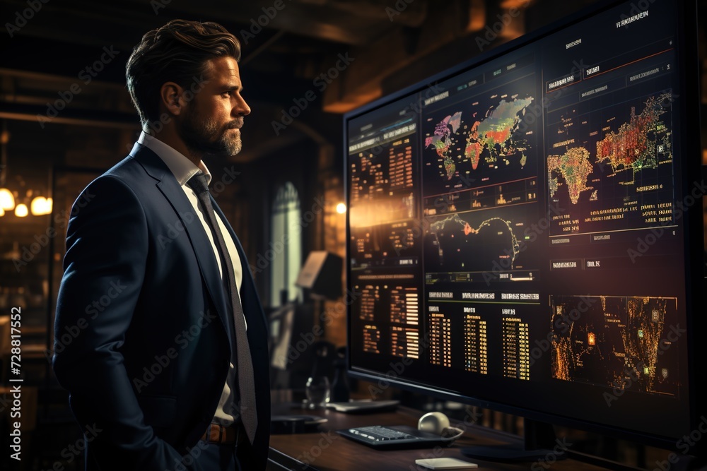 Fototapeta premium Charting Progress: A Businessman Delivers a Persuasive Presentation, Backed by Informative Statistics and Graphs, Mapping the Road to Success