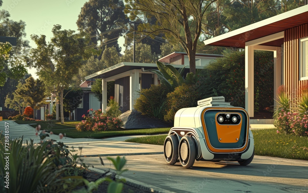 Futuristic autonomous delivery robot on a residential sidewalk, with homes and greenery.