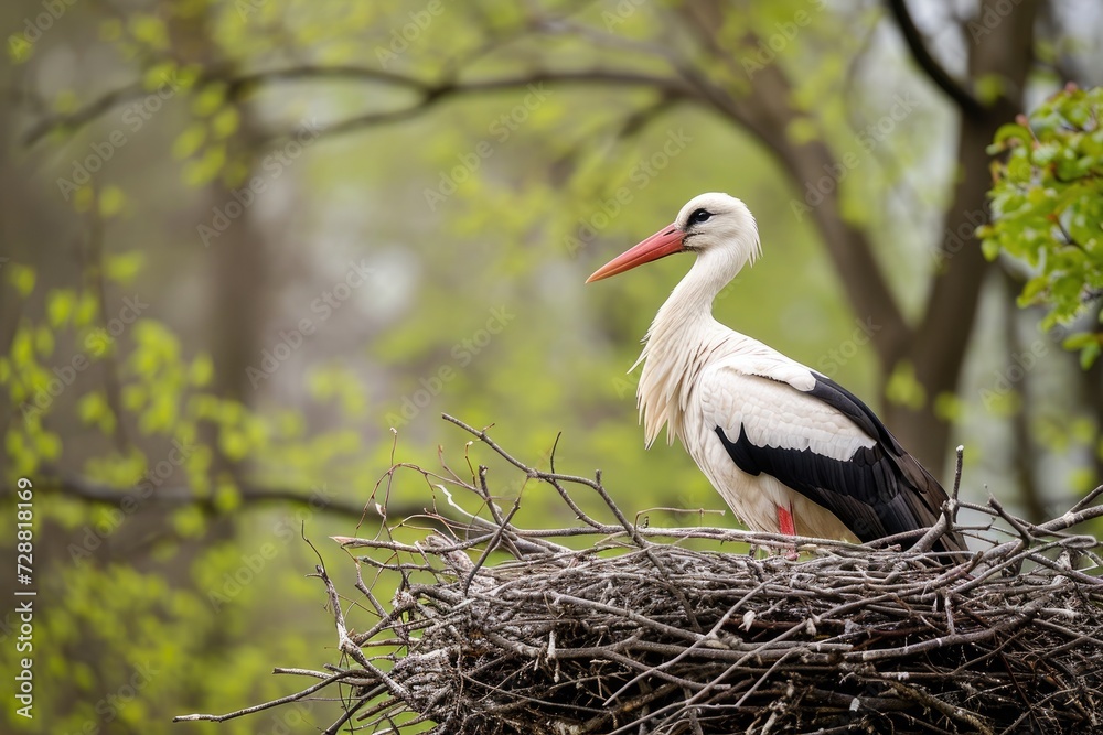 Fototapeta premium A stork, as soon as it is at its nest, is the harbinger of spring. Generative AI