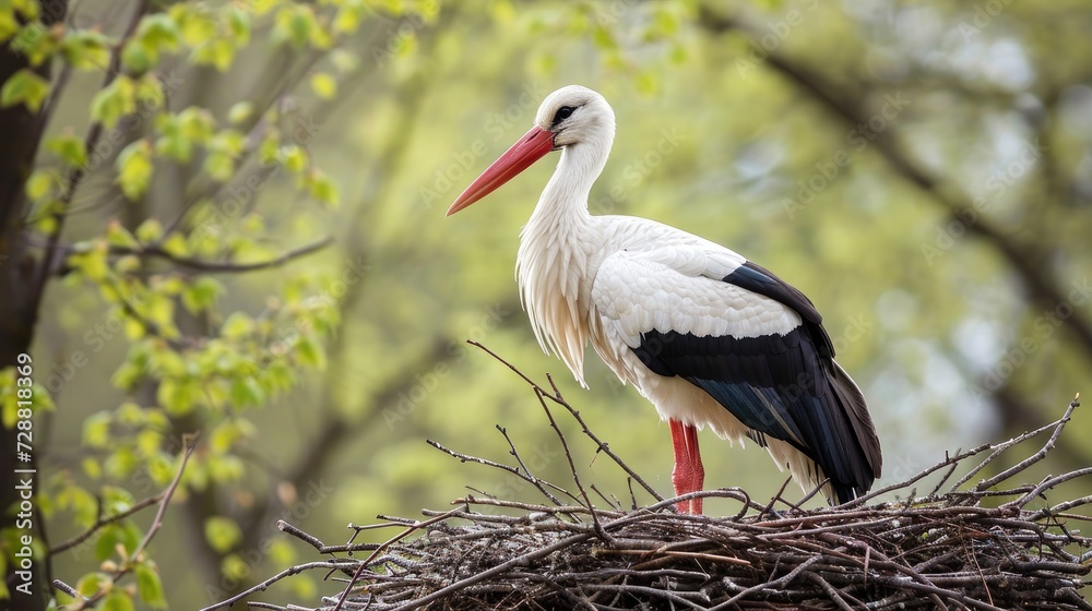 Fototapeta premium A stork, as soon as it is at its nest, is the harbinger of spring. Generative AI