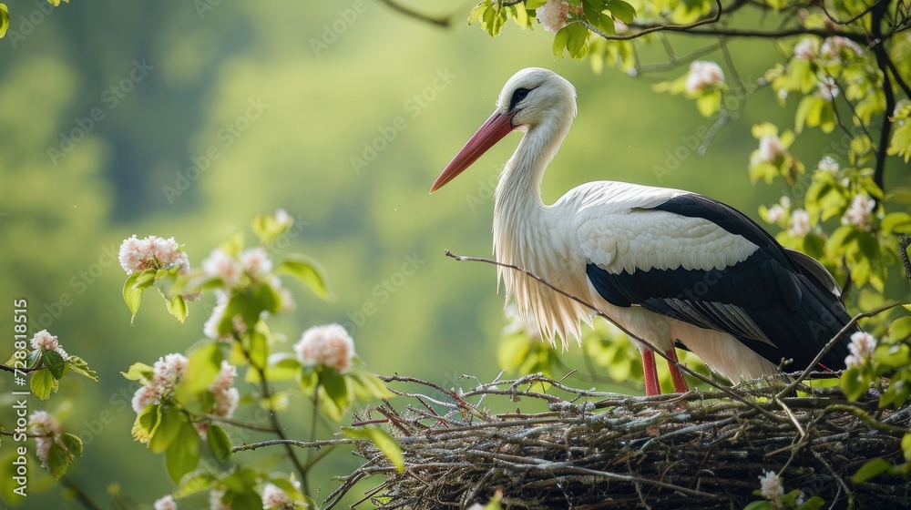 Fototapeta premium A stork, as soon as it is at its nest, is the harbinger of spring. Generative AI
