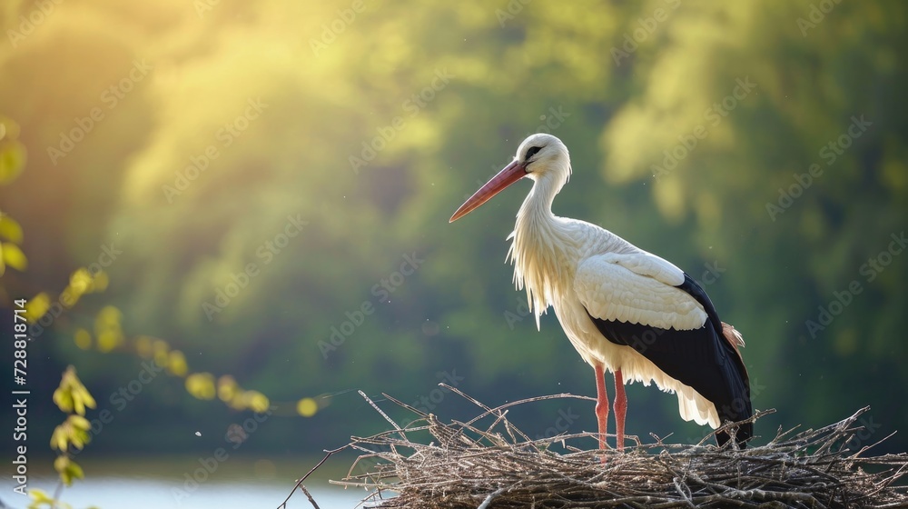 Fototapeta premium A stork, as soon as it is at its nest, is the harbinger of spring. Generative AI