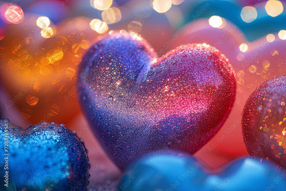 Fototapeta premium Background of color heart. Festive photo zone for Valentine's Day. Background for cards, banners, invitations, congratulations, volumetric 3D shiny glossy heart-shaped