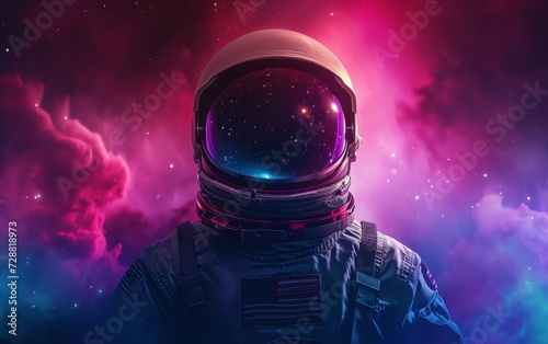 Astronaut helmet reflecting the mesmerizing wonders of the cosmos, with vibrant nebulae and stars. © burntime555