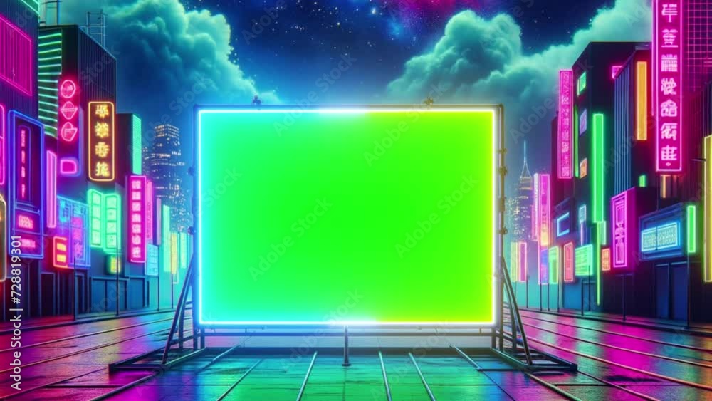 Green screen with neon frame on night city background. Green screen with neon frame on night city background.