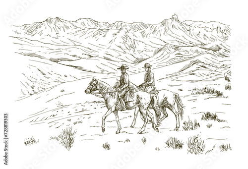 Two cowboys on horseback in the countryside