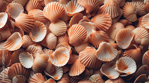  a close up of a bunch of seashells that are orange, white, and brown, with a black stripe on the bottom half of the shell,