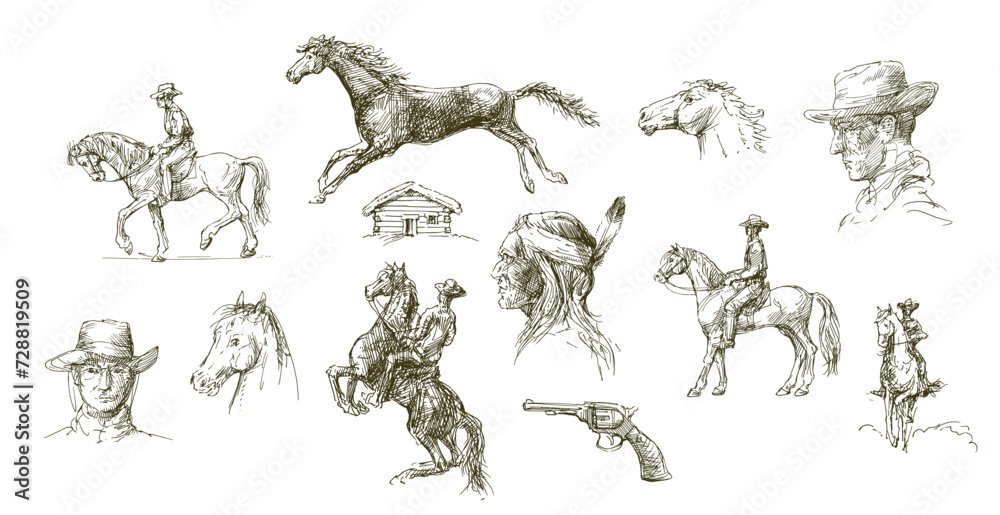 Hand drawn set of cowboys and Native American Indians Hand drawn set of cowboys and Native American Indians