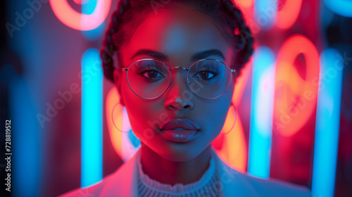 Close-up portrait, woman posing in red and blue neon light on the night street, African American curly top model