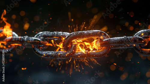 chain with sparks and fire on a dark background close-up. photo
