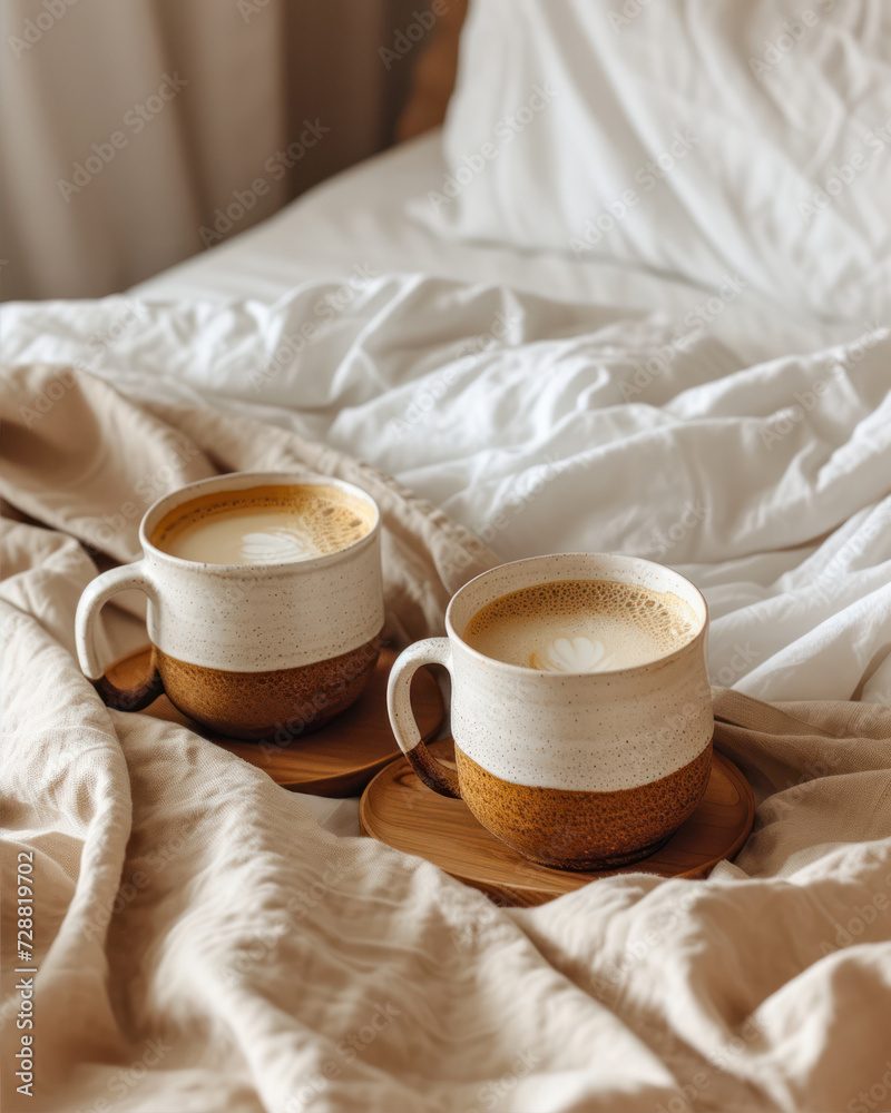 Cappuccino or latte coffee in two cups on wooden tray on bed with white linen. Cappuccino or latte coffee in two cups on wooden tray on bed with white linen.