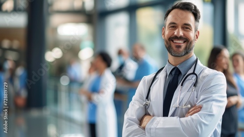 Smiling male doctor in lab coat with stethoscope, team in background