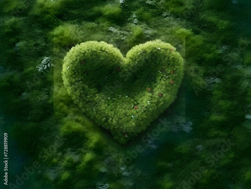 A green heart made of green plants in a clearing. Heart as a symbol of affection and love.