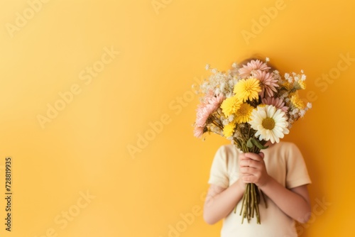 child's hands obscured by a bright bouquet of daisies and various flowers against a cheerful yellow background, free copy space