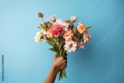 African female's hands gracefully holding an assorted bouquet of roses and other flowers against a striking blue background © gankevstock