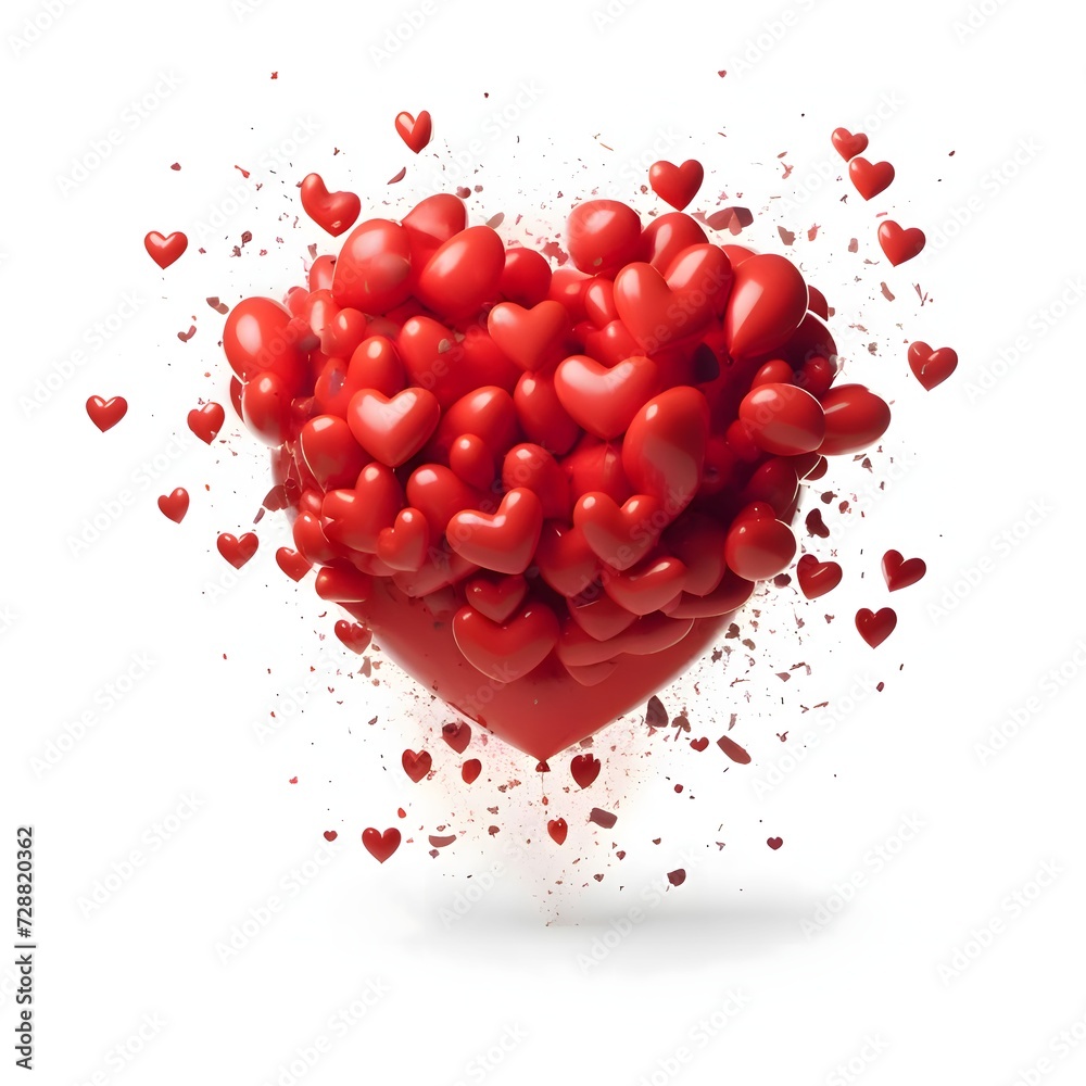 Large heart composed of tiny hearts with Gloss 3D Red on white isolated. Heart as a symbol of affection and love.
