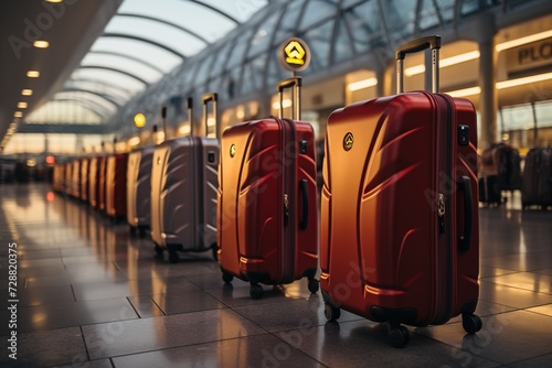 Baggage Claim: A Line of Luggage Suitcases Awaits Their Owners at the Airport, Holding the Promise of Memorable Travels