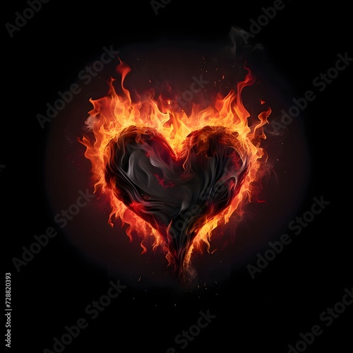 Fiery heart with flames on a black background. Heart as a symbol of affection and love.