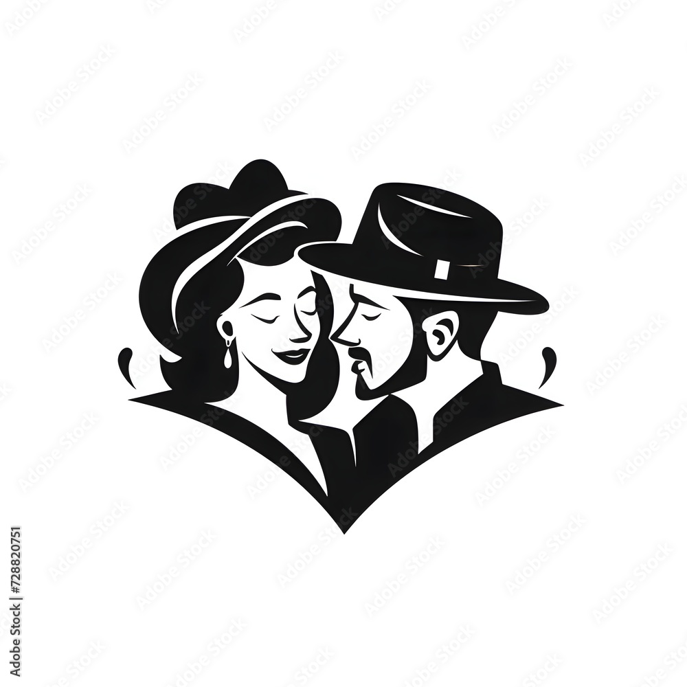 Silhouette of a woman and a man, logo tattoo white, rolled background. Heart as a symbol of affection and love.