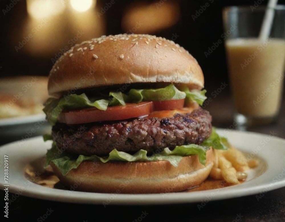Juicy burger with cutlet, cheese, lettuce and tomatoes on a white plate. Light photography