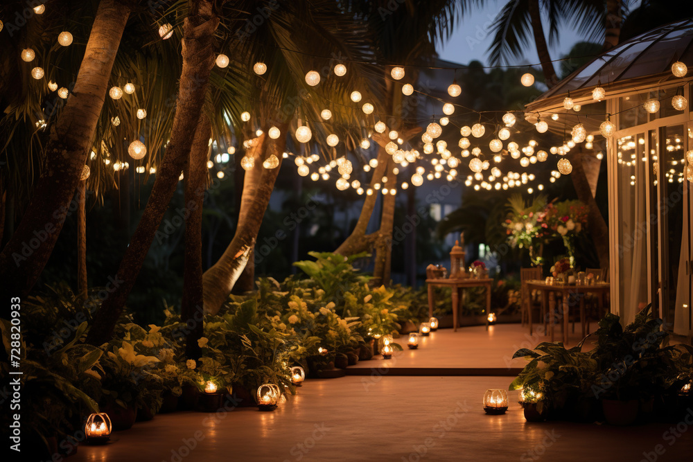 The territory of a luxury hotel with palm trees in beautiful evening lighting. Resort vacation concept. Generated by artificial intelligence The territory of a luxury hotel with palm trees in beautiful evening lighting. Resort vacation concept. Generated by artificial intelligence