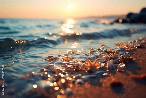 Sea water splashes near the shore in the rays of sunset. Generated by artificial intelligence