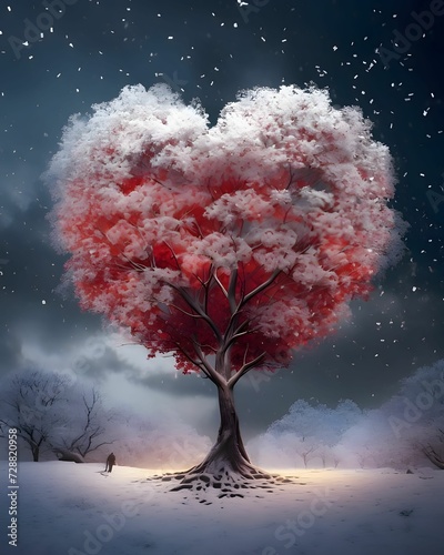 Pink tree in the shape of a heart around falling snow in winter. Heart as a symbol of affection and love.