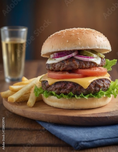 Juicy burger with two cutlets, cheese, lettuce and tomatoes.