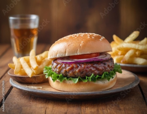 Juicy burger with cutlet, cheese, lettuce and tomatoes on a white plate. Light photography