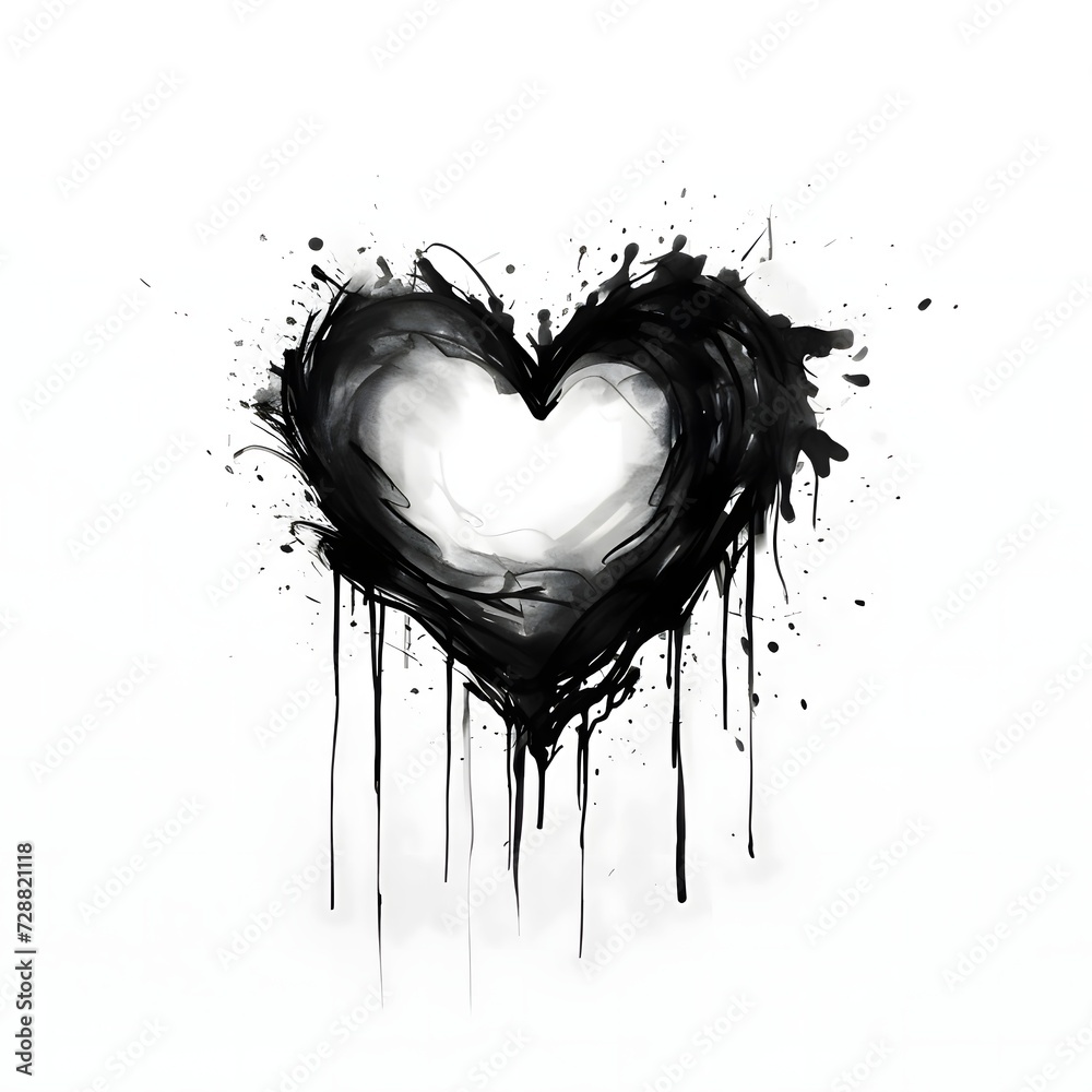Black, dark paint drawn heart on a white isolated background. Heart as a symbol of affection and love.