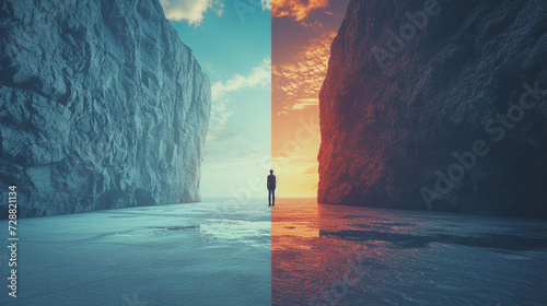 A solitary figure standing in a doorway between two contrasting environments, symbolizing the threshold between reality and the subconscious.