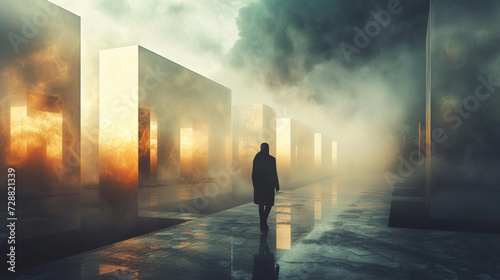 A shadowy figure walking through a corridor of floating doors  each one offering a glimpse into a different dimension of memories and dreams.