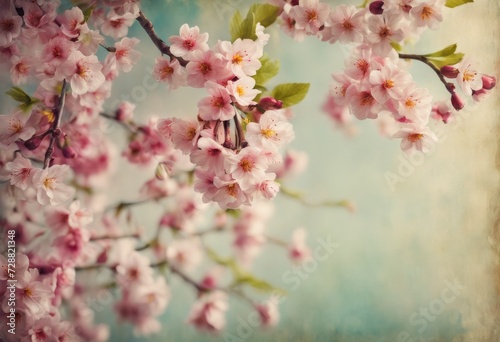 branch of blossoming sakura on vintage peach background