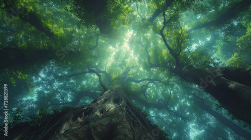 A surreal forest where trees have roots that extend into the sky, blurring the boundaries between above and below in an enchanting display of nature's magic.