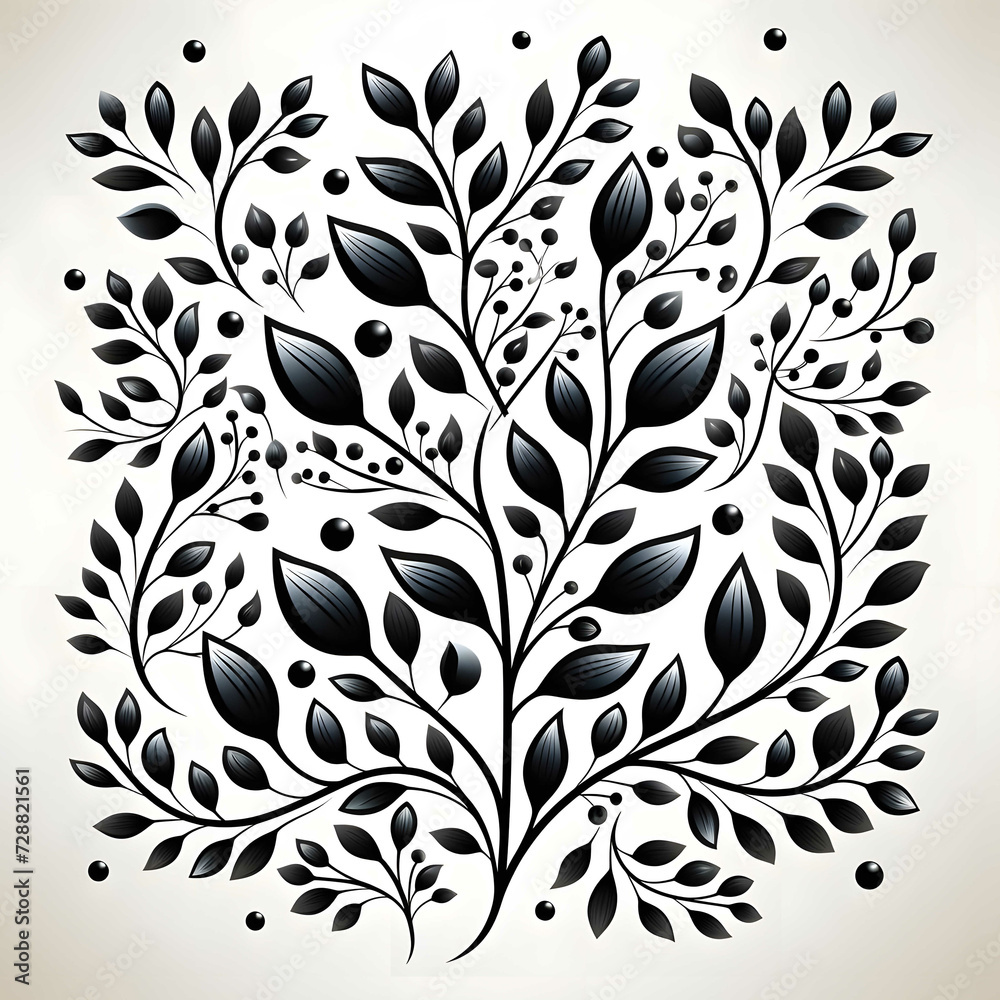 black and white floral pattern with leaves, single line art, vector ...