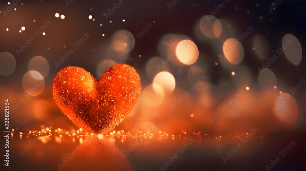 Side view of red heart, all around orange bokeh effect with dust.Valentine's Day banner with space for your own content. White background color. Blank field for the inscription. Side view of red heart, all around orange bokeh effect with dust.Valentine's Day banner with space for your own content. White background color. Blank field for the inscription.