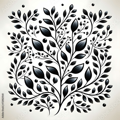 black and white floral pattern with leaves, single line art, vector, black thick outline, white background, no colour, monochromatic, high contrast, flat 2d