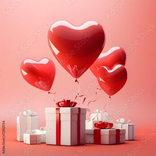 Gifts with red bows around red hearts and white and pink heart-shaped balloons. Heart as a symbol of affection and love.