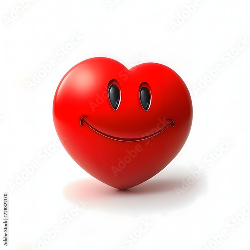 Red heart with black eyes and a big smile, white isolated background. Heart as a symbol of affection and love.