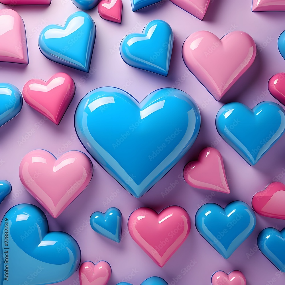 Pink and blue hearts with gloss as abstract background, wallpaper, banner, texture design with pattern - vector.